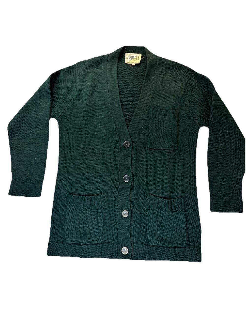 Vintage Campus Casuals 100% Wool Cardigan Sweater Forest Green Grandpa womens L